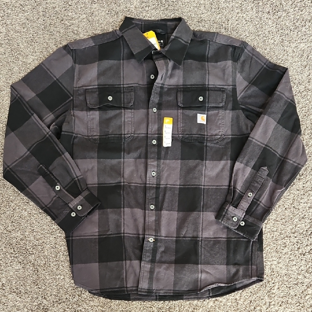 Carhartt Men's Gray and Black Plaid Button Down Shirt